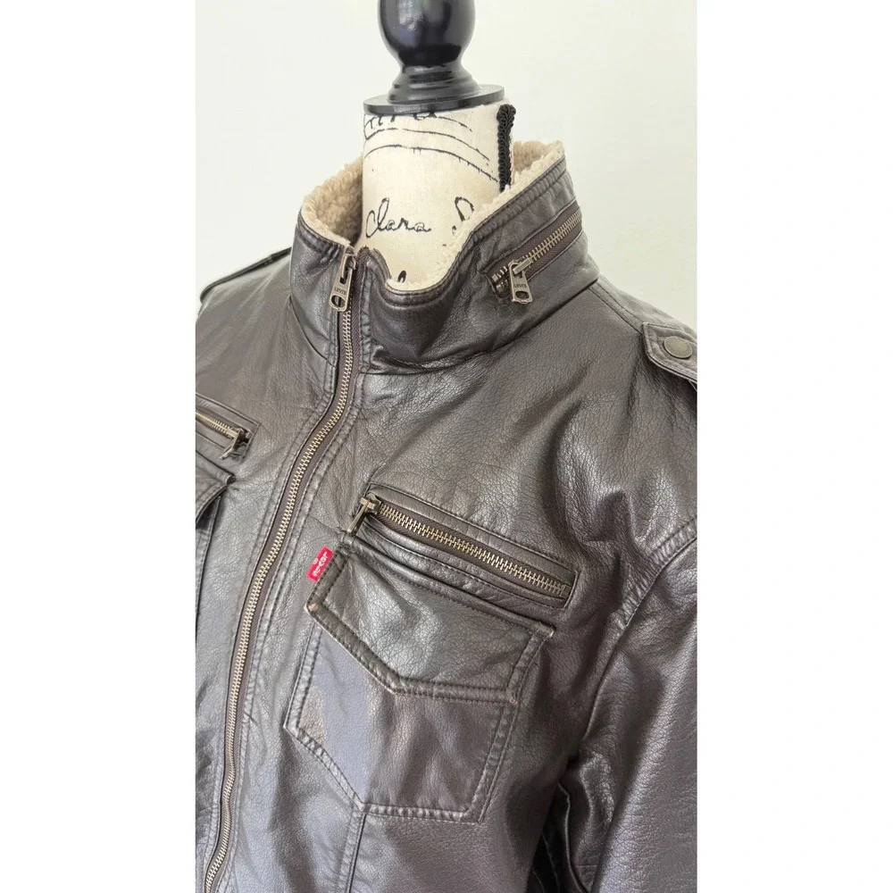 Levis Mens Faux Leather Sherpa Lined Bomber Jacket‎ Dark Brown Military Large